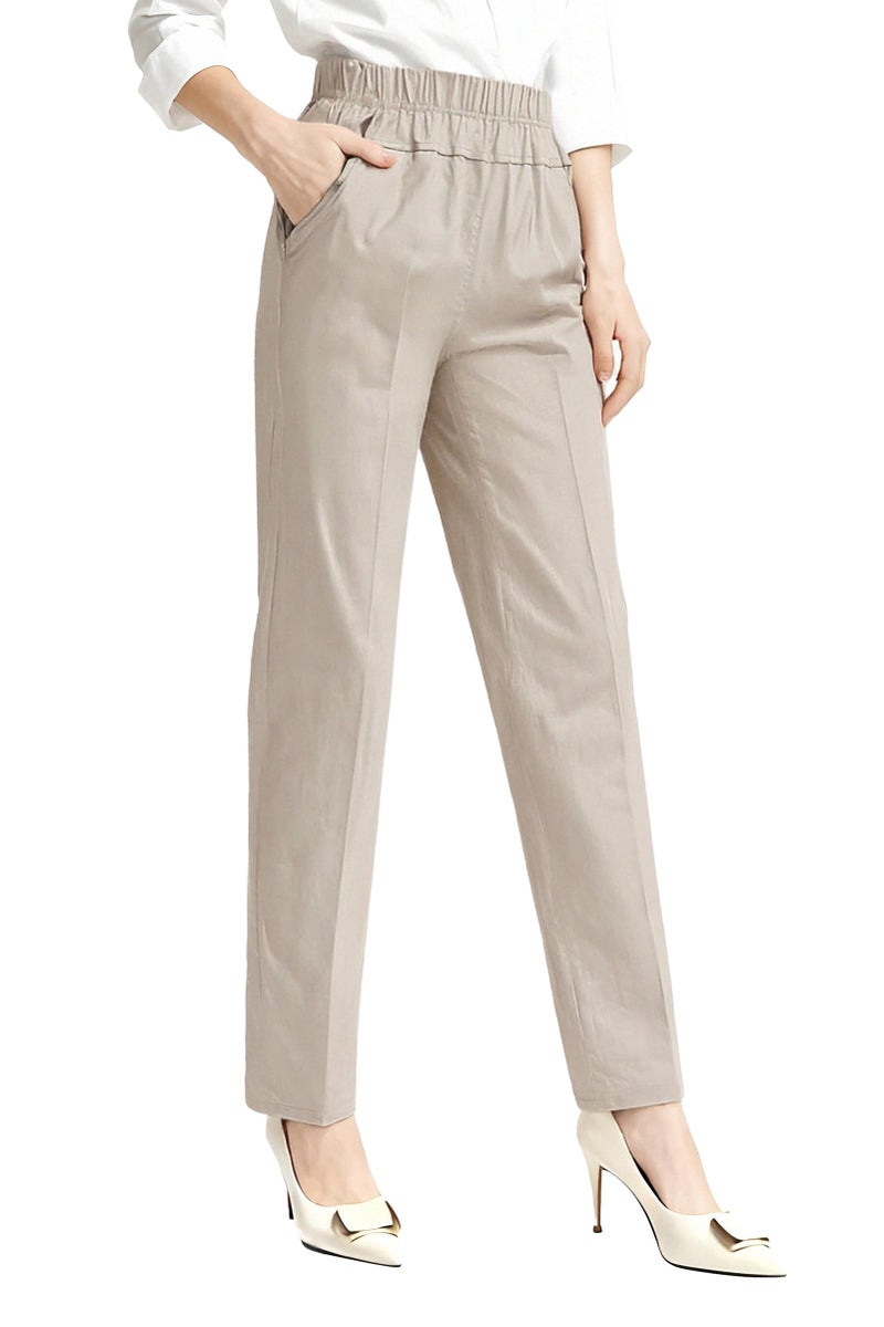 Soojun Womens Summer Elastic Waist Comfy Stretch Pull On Pants, Color Khaki, Large - Image 2